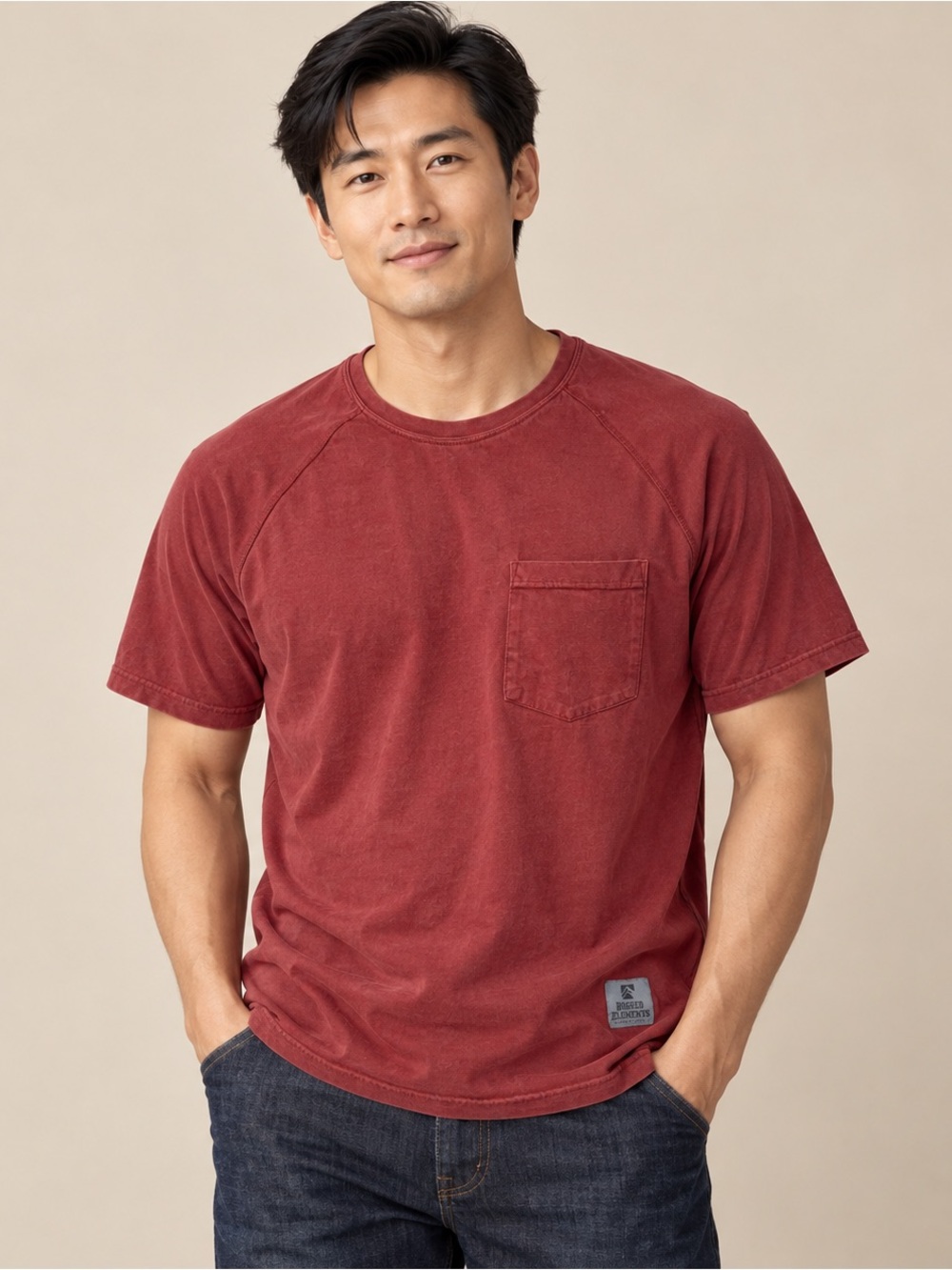 Rugged Elements Men’s M Washed Burgundy Raglan Pocket Work T-shirt